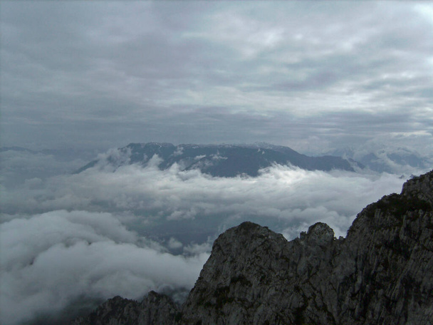 Cloudy mountain view from Piding via ferrata climbing route, Chiemgau in Bavaria, Germany in autumn - Photo, Image
