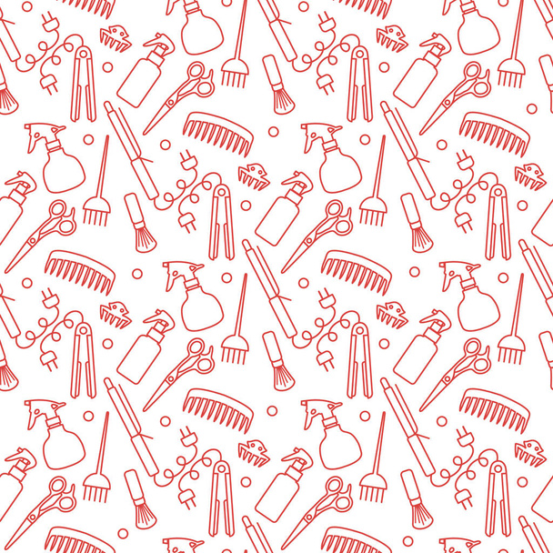 Vector Seamless pattern Illustration Professional hairdresser tools Barbershop Beauty Hairdressing salon Glamour fashion vogue style Comb, hair straighteners, curling tongs, scissors Design for print - Vektör, Görsel