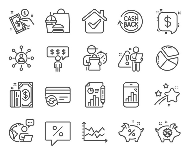 Finance icons set. Included icon as Diagram chart, Employee benefits, Payment method signs. Payment, Networking, Loan percent symbols. Piggy sale, Report document, Pie chart. Cashback. Vector - Vektori, kuva