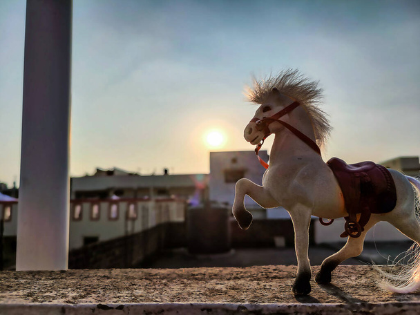 白い色のプラスチック製の馬のおもちゃの写真は、 Gulbarga Karnataka Indiaのぼやけた背景の下で明るい日差しの下で床に保管されました. - 写真・画像