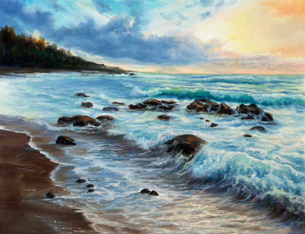 Alkuperäinen öljymaalaus Ocean ja kallioita kankaalla.Moderni impressionismi - Valokuva, kuva