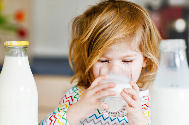 Imádnivaló kislány, aki tehéntejet iszik reggelire. Aranyos kislány, sok üveggel. Egészséges gyermek, amelynek tej, mint az egészséges kalcium forrás. Gyerek otthon vagy óvoda reggel. - Fotó, kép