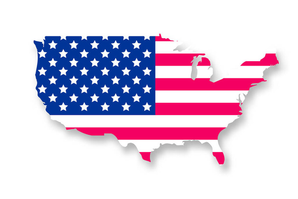 Векторная карта США цвета американского национального флага. Силуэт вектора Соединенные Штаты Америки с тенью изолированы на белом фоне. - Вектор,изображение