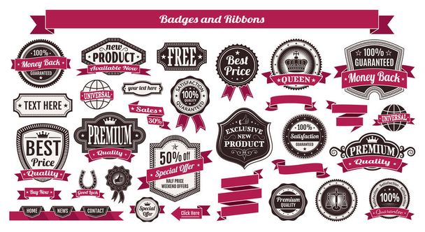 Set of vintage badges and ribbons. - Vector, Image