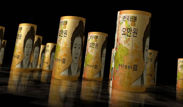 Güney Kore Para Paketi 3D illüstrasyon. KRW banknot desteleri. Maliye, nakit, ekonomi krizi, iş başarısı, durgunluk, banka, vergi ve borç kavramı. - Fotoğraf, Görsel