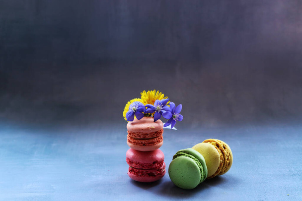 Set of sweet macarons with first spring flowers - Photo, Image