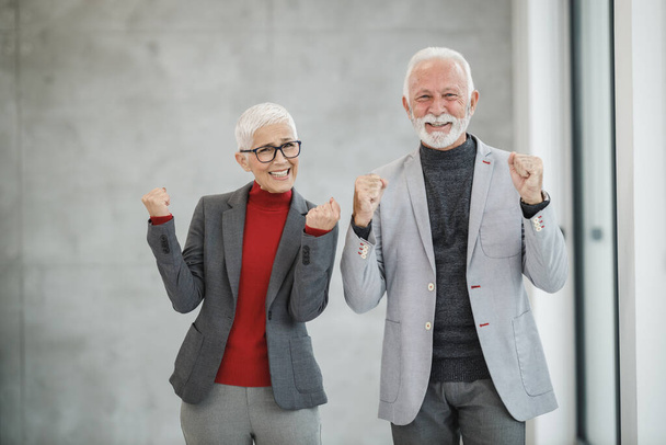 Προσωπογραφία δύο χαμογελαστών επιτυχημένων ηλικιωμένων επιχειρηματιών που υψώνουν τις γροθιές τους ενώ στέκονται σε ένα σύγχρονο γραφείο και κοιτώντας την κάμερα. - Φωτογραφία, εικόνα
