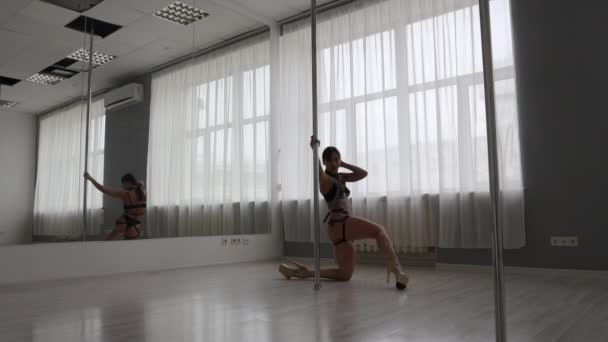 Mujer seductora haciendo pole dance en estudio - Metraje, vídeo