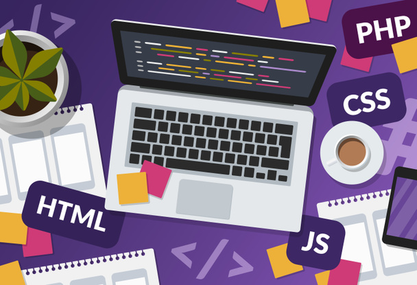 Web development and coding concept on purple background. Flat lay illustration of a programmer busy workspace with laptop and programming languages. - Photo, Image
