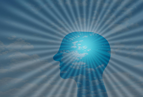 Koncepcja Mocy Mózgu pozytywne myślenie. Ludzka głowa przed promieniami słońca. pozytywność i zdrowie psychiczne - Zdjęcie, obraz