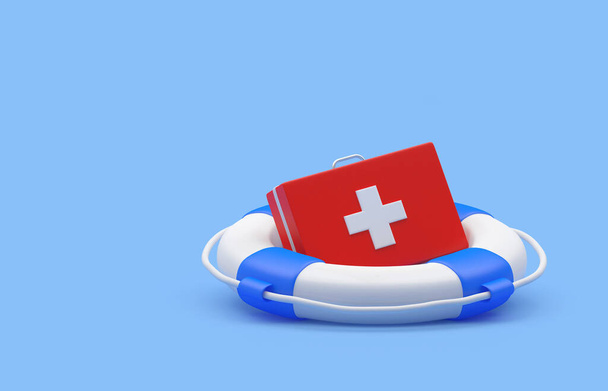 Red first aid kit in a lifebuoy on blue. 3d illustration  - Photo, Image