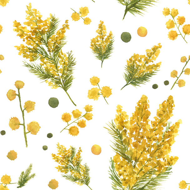 Seamless watercolor mimosa pattern with green leaves and yellow branches on white background. Hand-drawn floral illustration for textile, wallpapers, fabric and wrapping paper. - Fotó, kép