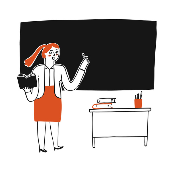 Kézgyüjtemény rajzolt egy női tanár tanítás a fekete táblán. - Vektor, kép