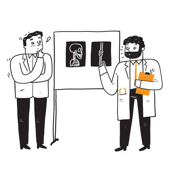 İki doktor röntgendeki hastayı inceliyor ve teşhis ediyor. Vector Illustration doodle styl. - Vektör, Görsel