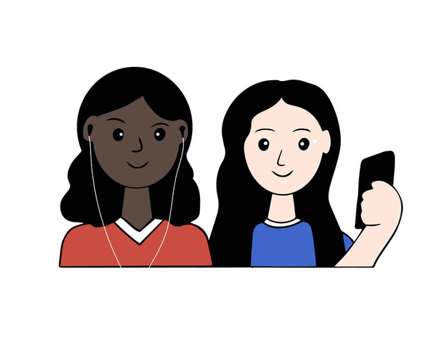 A pair of character avatars. Teenagers of different ethnicities and color of skin, spending time together. Girlfriends taking photos of selves on a mobile phone. Vector. - Vector, Image