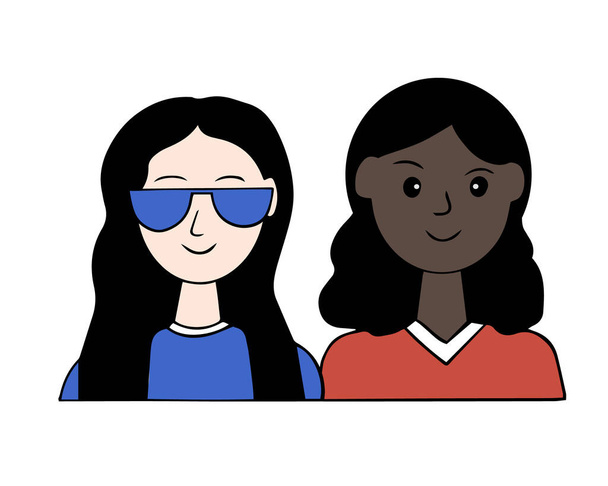 Un paio di avatar di personaggio.Teenager di diverse nazionalità e colori, trascorrendo del tempo insieme. Cartone animato vettoriale. - Vettoriali, immagini