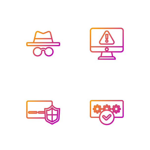 Set line Password protection, Credit card with shield, Incognito mode and Monitor exclamation mark. Gradient color icons. Vector - Vector, Image