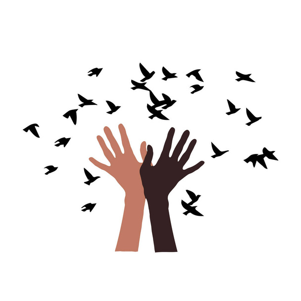 Las manos liberan una bandada de pájaros. La vida de los negros importa. Afiche social, pancarta.  - Foto, Imagen