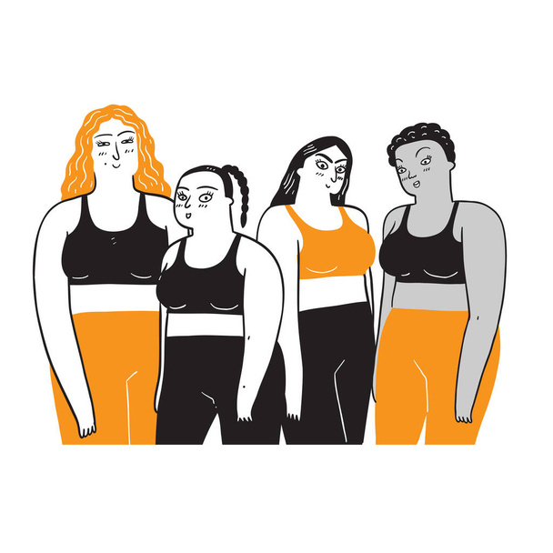 Un grupo de mujeres que son diversas en etnicidad y color de piel. Ilustración de una línea de estilo garabato - Vector, Imagen