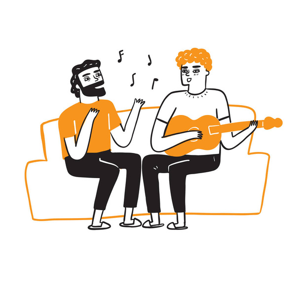 Best friends or homosexuals are singing and playing guitar - Vector, Image
