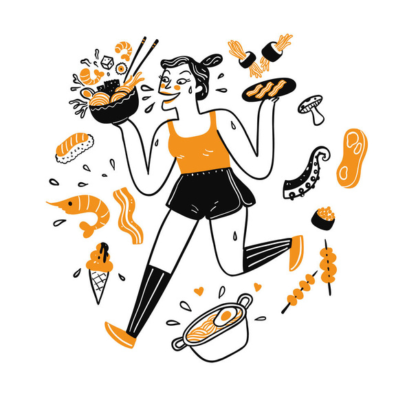Όμορφη γυναίκα τρέχει το χέρι της κρατώντας το φαγητό, Εικονογράφηση μιας γραμμής τέχνης doodle στυλ  - Διάνυσμα, εικόνα