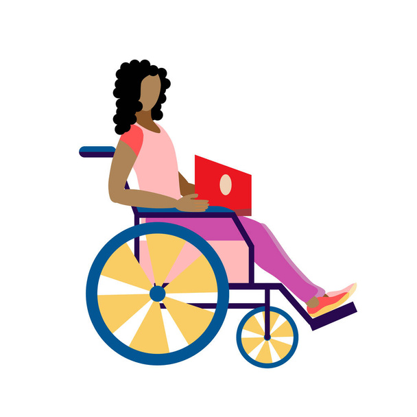  Afroamerikkalainen tyttö kannettavan kanssa istuu pyörätuolissa. Vammainen opiskelija. Yhtäläisten mahdollisuuksien käsite. Vammaisen henkilön henkilöllisyys. Vektorin kuvitus litteään tyyliin. - Vektori, kuva