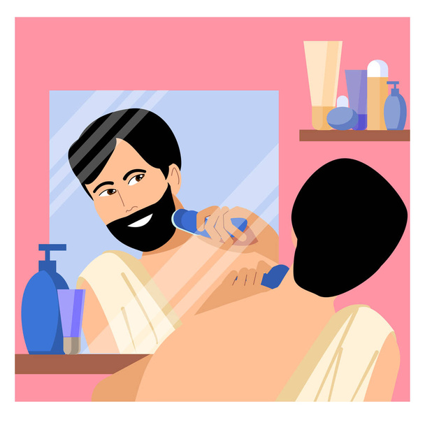 asian man shaves with an electric razor in front of the bathroom mirror. Men's Morning.  Guy shaving his face. Vector illustration of a man shaving in front of the toilet mirror. Cartoon style. - Vector, Image