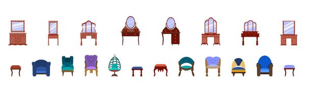 Set von niedlichen Vintage-Frisiertischen, Sesseln. Sammlung von antiken Schlafzimmermöbeln. Praktischer Ort, um Kosmetika und Schmuck zu lagern. Vektor-Symbole im flachen Stil sind auf weißem Hintergrund isoliert - Vektor, Bild