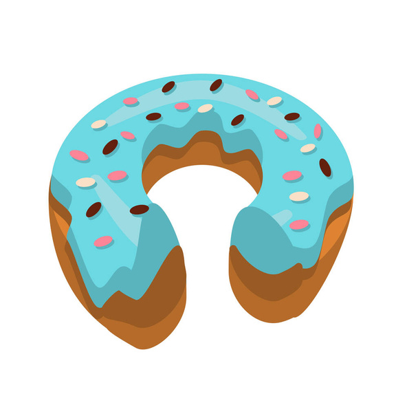 Enkele half opgegeten donut met blauwe glazuur en gekleurde kruimels. Leuke donut bedekt met chocolade crème geïsoleerd op witte achtergrond. Vector illustratie in platte stijl. isometrische weergave - Vector, afbeelding