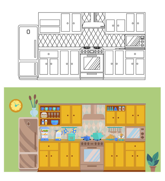Interior acolhedor moderno da cozinha com um fogão, guarda-roupa, geladeira. Desenho de uma cozinha moderna em linhas. Modelo de design gráfico vetorial. Ilustração vetorial de um estilo plano. - Vetor, Imagem