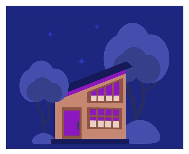 Ecological house in green bushes. Night lighting. Cute house, drawn in cartoon style, isolated on a dark blue background. Vector illustration of a night eco house in a flat style. - Vector, Image