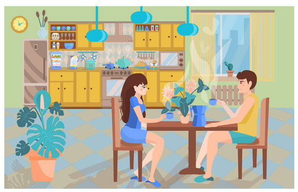 食堂で男と女がコーヒーを飲んでる。居心地の良いキッチンで家族の朝食の概念。フラットスタイルの家のインテリアのイラスト。漫画スタイルの広告のためのベクトルバナー. - ベクター画像