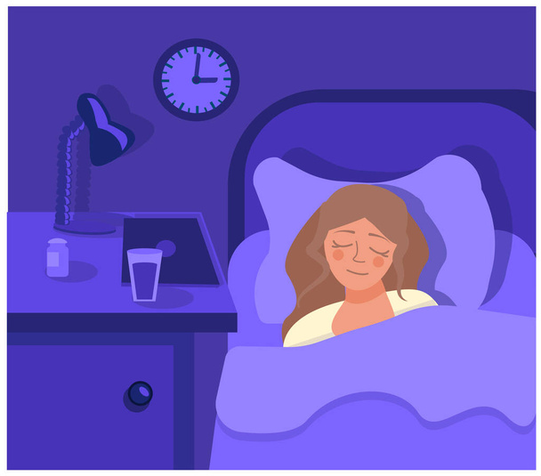 A pretty girl is sleeping peacefully in her bedroom. A young girl is sweetly napping on a bed in the dark. The concept of relaxation in the bedroom. Vector illustration in a flat cartoon style. - Vector, Image