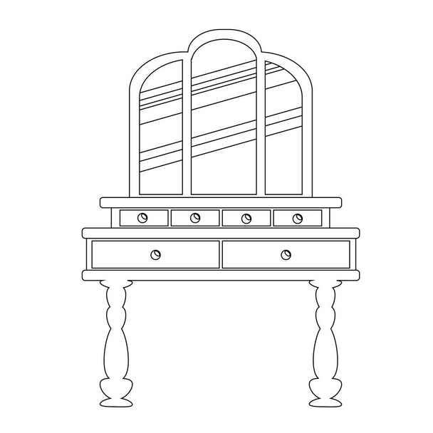 Single antique dressing table in a linear style. Vector Outline of vintage furniture for bedroom and living room.  The vector illustration is isolated on a white background. - Vector, Image