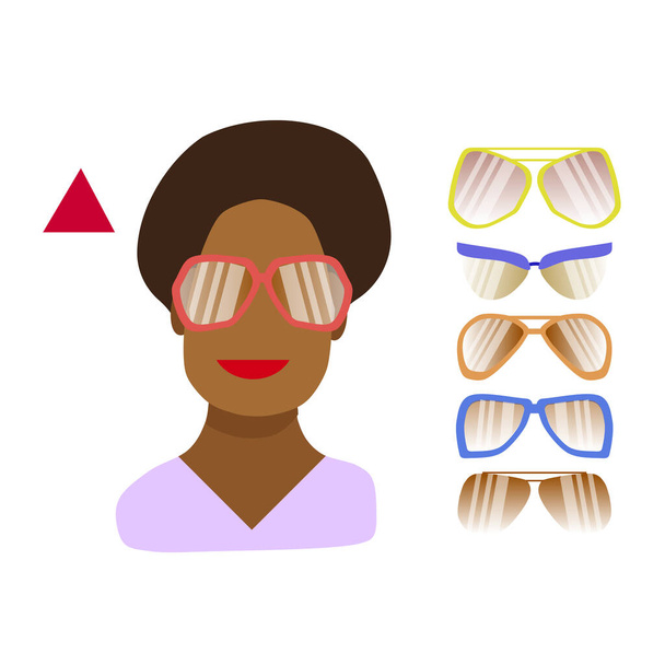 Óculos adequados para o rosto de uma mulher com uma testa estreita e chin.Template largo do rosto de uma menina afro-americana, um conjunto de óculos isolados em um fundo branco. Ilustração vetorial em estilo plano  - Vetor, Imagem