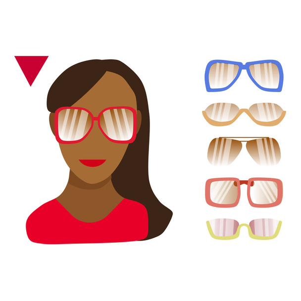 Occhiali adatti per un viso femminile triangolare.Modello del viso di una ragazza afro-americana, un set di occhiali isolati su sfondo bianco. Illustrazione vettoriale in stile piatto per negozi di ottica. - Vettoriali, immagini