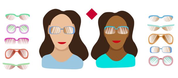 ダイヤモンド型の女性の顔に適しています。アフリカ系アメリカ人と白人の少女の顔のテンプレート、白い背景に隔離された眼鏡のセット。平型ベクトルイラスト  - ベクター画像