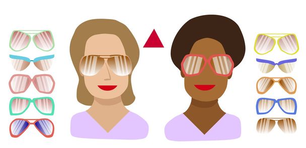 Sopivat lasit naisen kasvot kapea otsa ja leveä kiina.Malli afrikkalais-amerikkalainen ja valkoinen tyttöjen kasvot, joukko lasit eristetty valkoisella taustalla. litteä tyyli  - Vektori, kuva