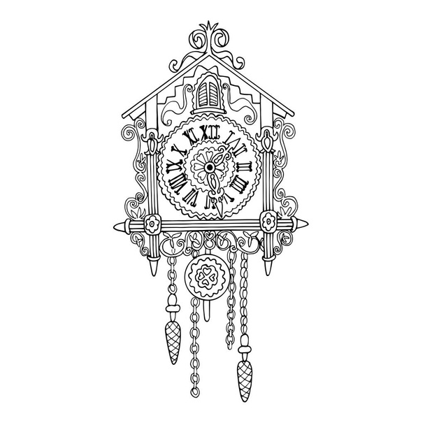 Vintage German cuckoo clock. The carved retro clock is isolated on a white background. Vector drawing in the sketch style. Coloring pages for children and adults. For home design and decoration - Vector, Image