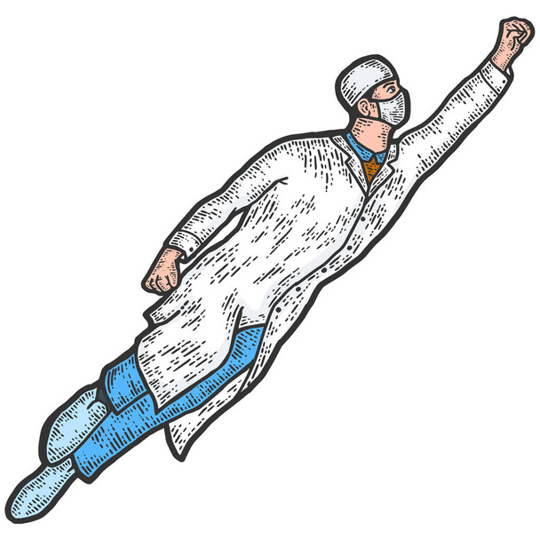 Superhero doctor. Sketch scratch board imitation color. - Vector, Image