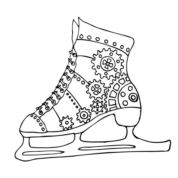 Winter skates in the style of steampunk. The skates are decorated with gears. Black and white illustration in sketch style. a linear pattern. Winter sports. Coloring book for children and adults. - Vector, Image