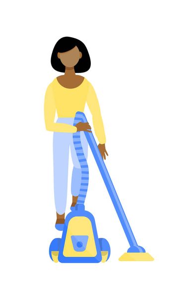 Kotitoimintaa. Kotitaloustöitä. Nuori afroamerikkalainen tyttö pölynimurilla. Kaunis nainen imuroi. Siivous. Vektori kuva tasainen tyyli eristetty valkoisella taustalla. - Vektori, kuva