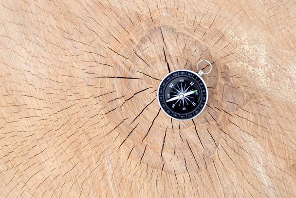 Bússola magnética na seção de árvore de madeira cortada com rachaduras e anéis anuais. - Foto, Imagem