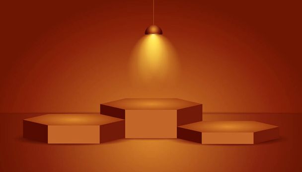 ステージ照明と六角形の表彰台,オレンジや金の背景に授賞式のためのステージ表彰台シーン.ベクターイラスト - ベクター画像