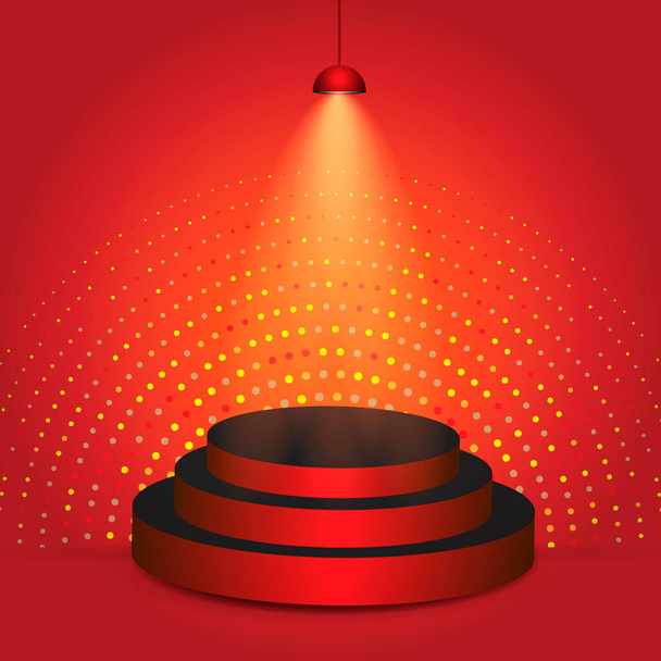 Red podium stage on dark red background with shiny gold glitters. Empty pedestal for award ceremony. Platform illuminated by spotlights. Vector illustration. - Vector, Image