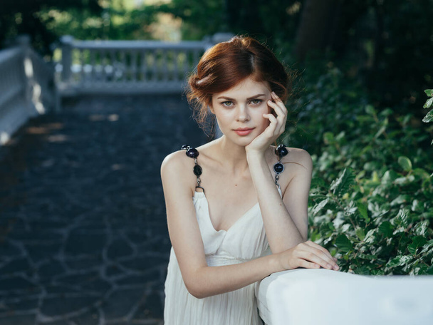 Beautiful woman in white dress on nature fresh air charm Greece - Zdjęcie, obraz