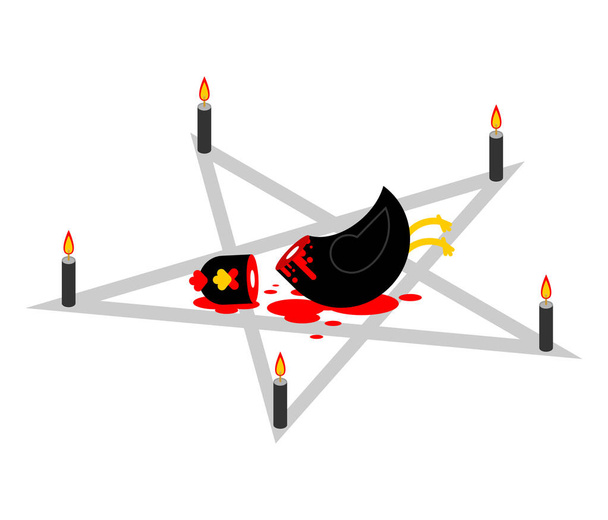Áldozati csirke és pentagram. A Fekete Kakast feláldozták. A sötét mágia rítusa - Vektor, kép
