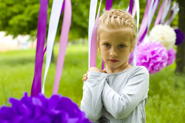 Portrait d'une belle fille de cinq ans dans le parc d'été
 - Photo, image