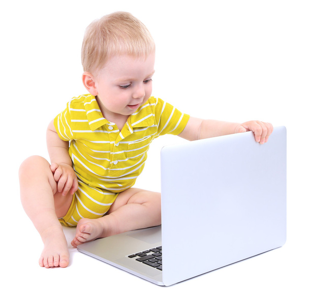 Cute little boy with laptop isolated on white - Fotografie, Obrázek