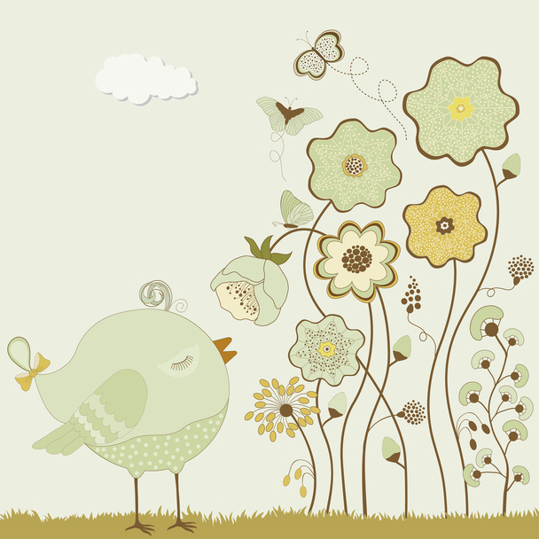 Cartão floral com pássaro e borboletas
 - Vetor, Imagem